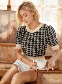 Knit Mix 千鳥格圖案泡泡袖針織上衣