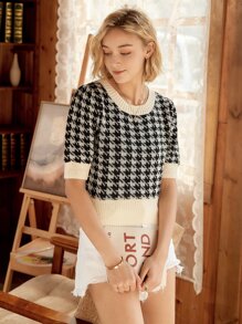 Knit Mix 千鳥格圖案泡泡袖針織上衣