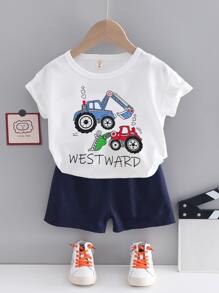 小男童挖掘機和字母圖案T恤和短褲