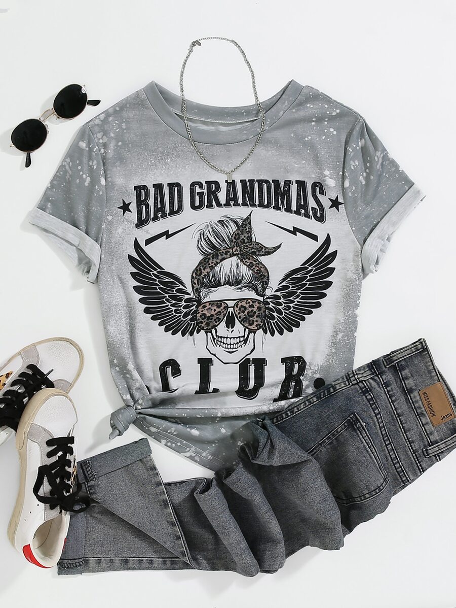 Flirla 大碼骷髏和字母圖案T恤 - 灰色 - 查看 1