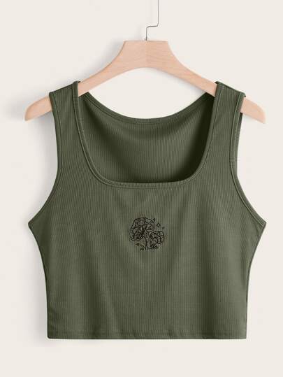 Plus Mushroom Embroidery Ribbed Tank Top