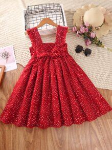 Girls Polka Dot Print Ruffle Trim Knot Front Dress - Red - View 1