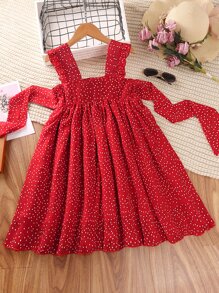 Girls Polka Dot Print Ruffle Trim Knot Front Dress - Red - View 2