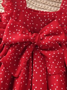 Girls Polka Dot Print Ruffle Trim Knot Front Dress - Red - View 3