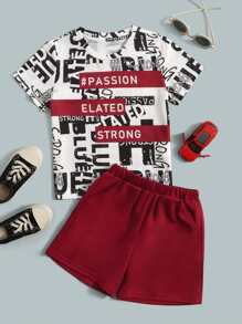 SHEIN Young Boy Letter Graphic Tee & Shorts - Multicolor - View 1