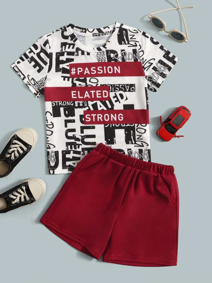 SHEIN Young Boy Letter Graphic Tee & Shorts - Multicolor - View 1