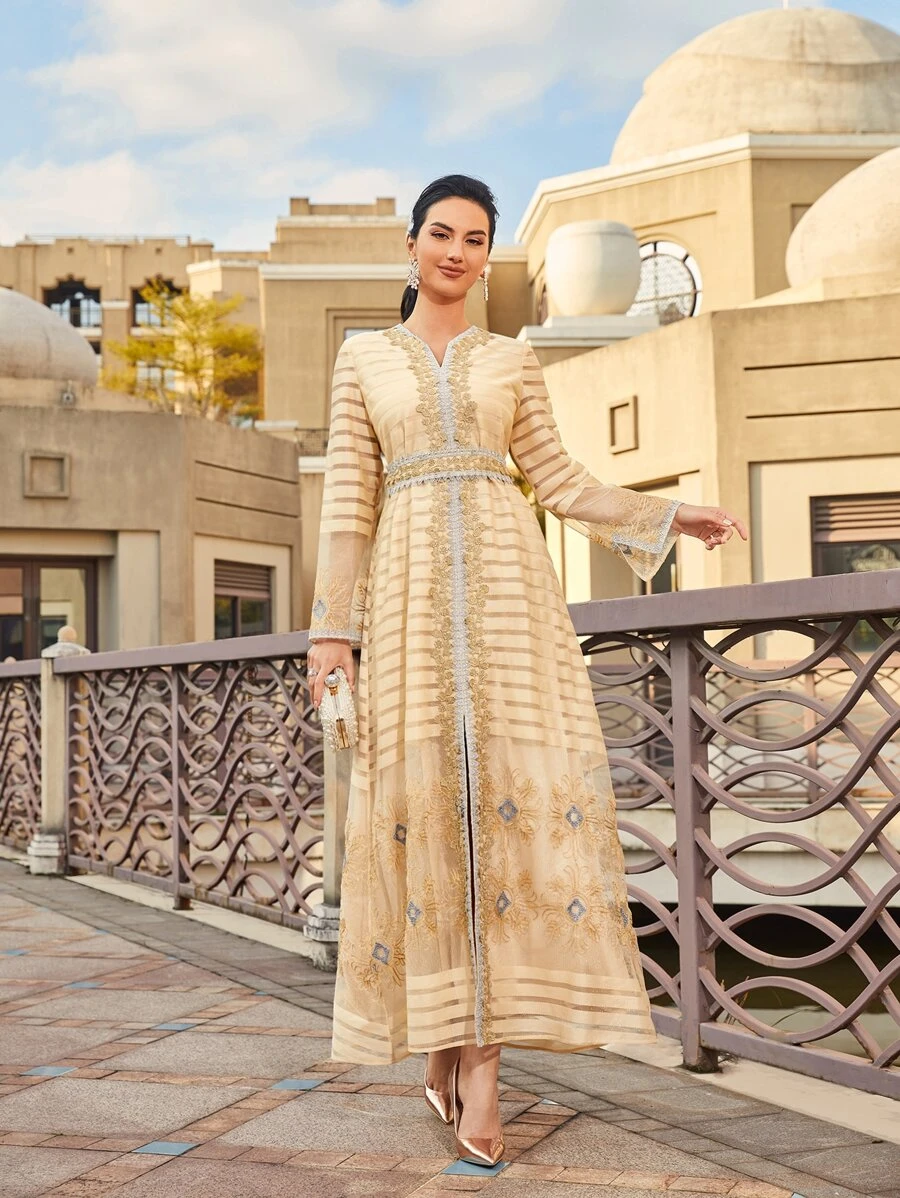 Al Najma Floral Embroidery Contrast Mesh Tie Back Dress - Apricot - View 1