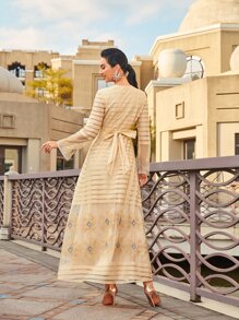 Al Najma Floral Embroidery Contrast Mesh Tie Back Dress - Apricot - View 2