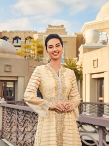 Al Najma Floral Embroidery Contrast Mesh Tie Back Dress - Apricot - View 3