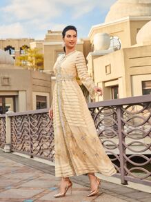 Al Najma Floral Embroidery Contrast Mesh Tie Back Dress - Apricot - View 4
