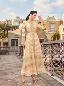 Al Najma Floral Embroidery Contrast Mesh Tie Back Dress - Apricot - View 5