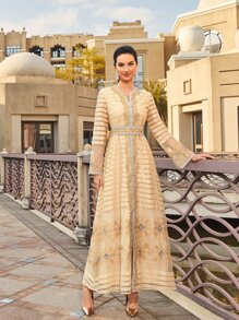 Al Najma Floral Embroidery Contrast Mesh Tie Back Dress - Apricot - View 6