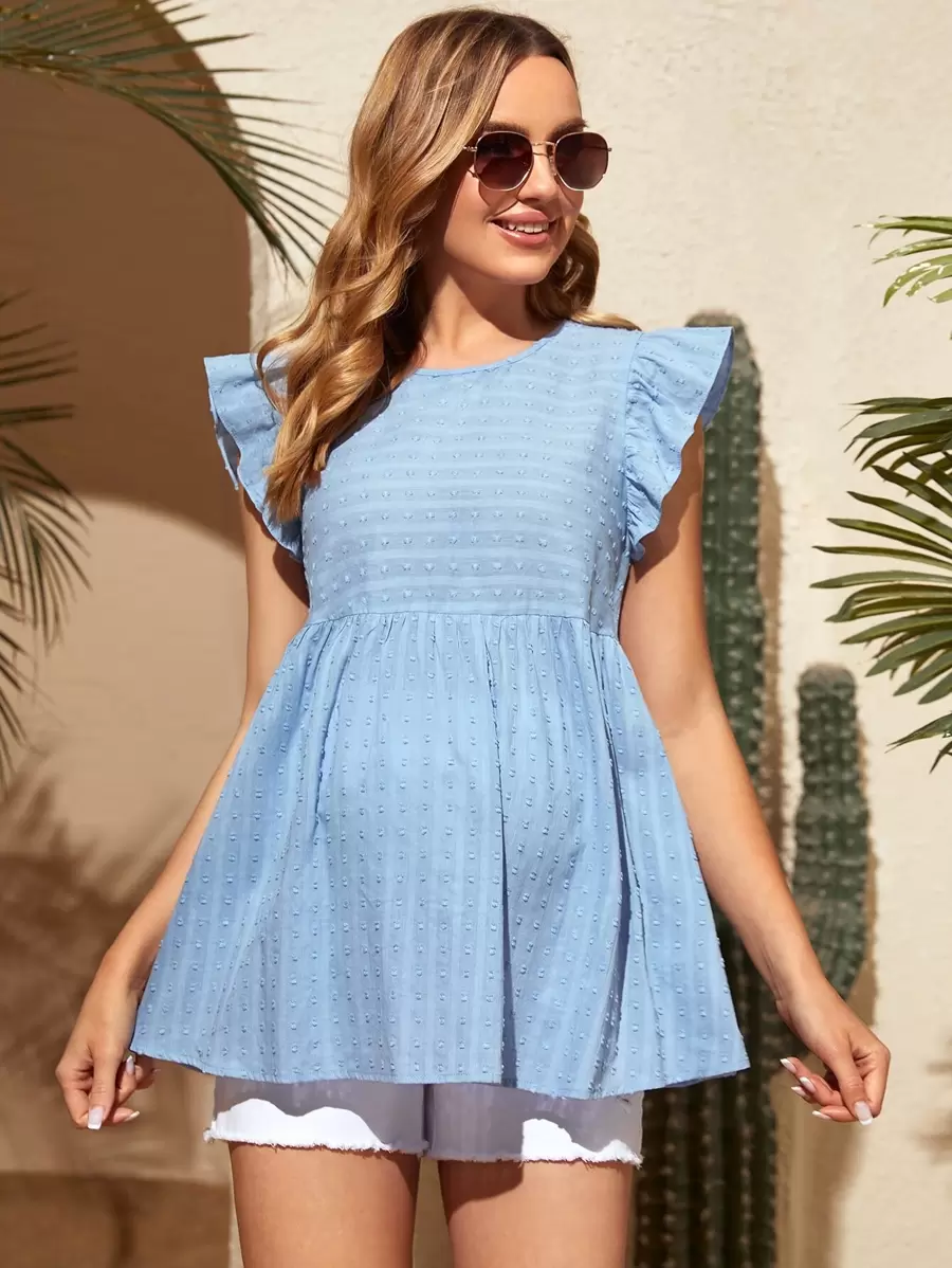 SHEIN 孕婦圓點荷葉袖荷葉邊下擺襯衫 - 淺藍色 - 查看 1