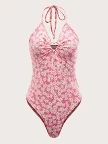 Áo liền quần ôm nữ Lộ Lưng Nhẫn Buộc lại Hoa Boho - Hồng - Xem 1