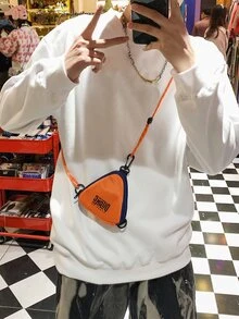男士字母印花徽标三角形多功能挂脖休闲零钱包小物件耳机钥匙收纳包斜挎包 - 橘色 - 查看 5