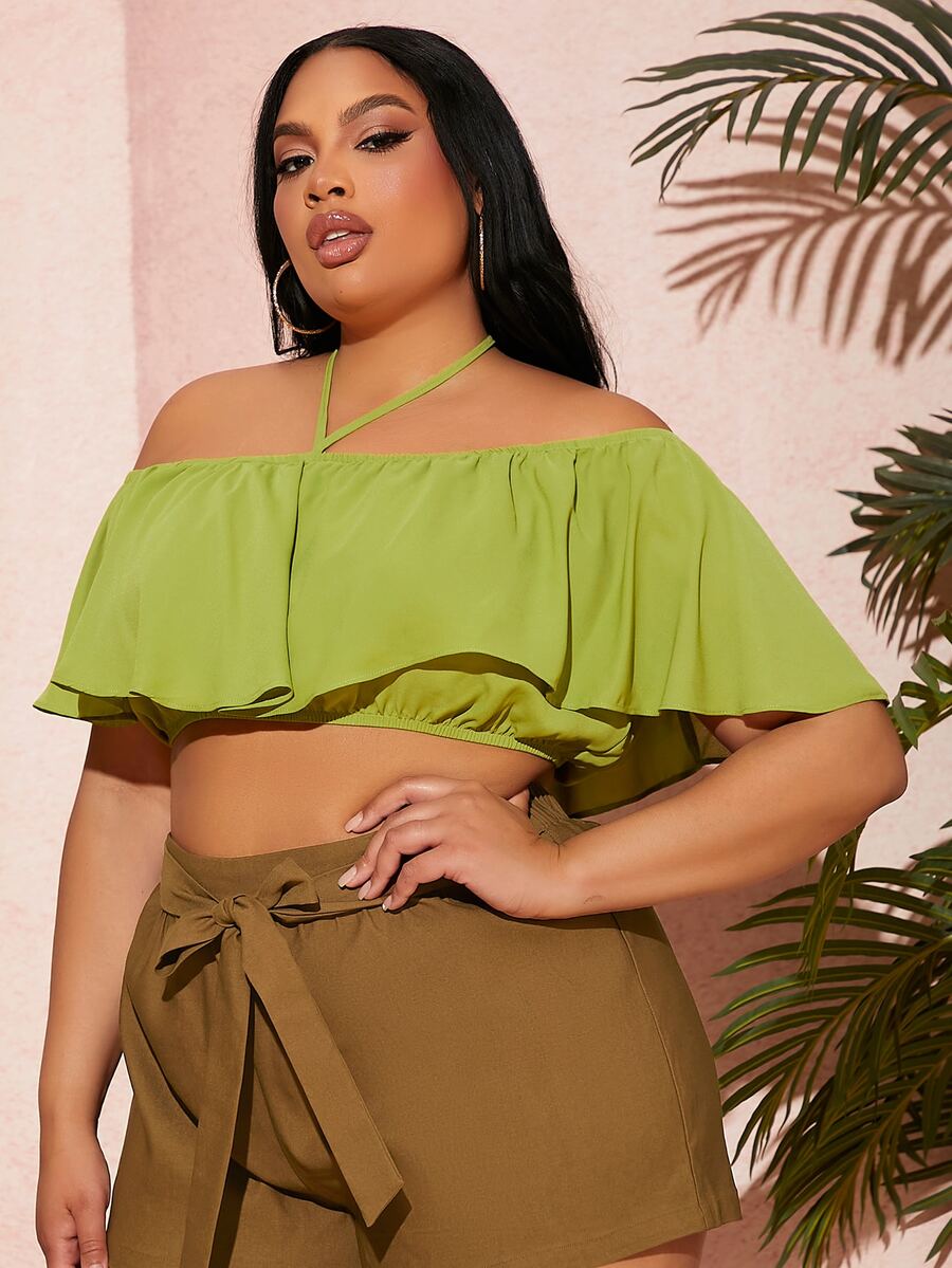 SHEIN SXY Plus Tie Back Off Shoulder Ruffle Trim Crop Top - Olive Green - View 1
