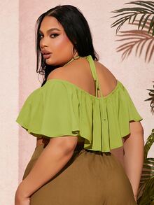 SHEIN SXY Plus Tie Back Off Shoulder Ruffle Trim Crop Top - Olive Green - View 2
