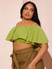 SHEIN SXY Plus Tie Back Off Shoulder Ruffle Trim Crop Top - Olive Green - View 3