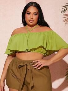 SHEIN SXY Plus Tie Back Off Shoulder Ruffle Trim Crop Top - Olive Green - View 5