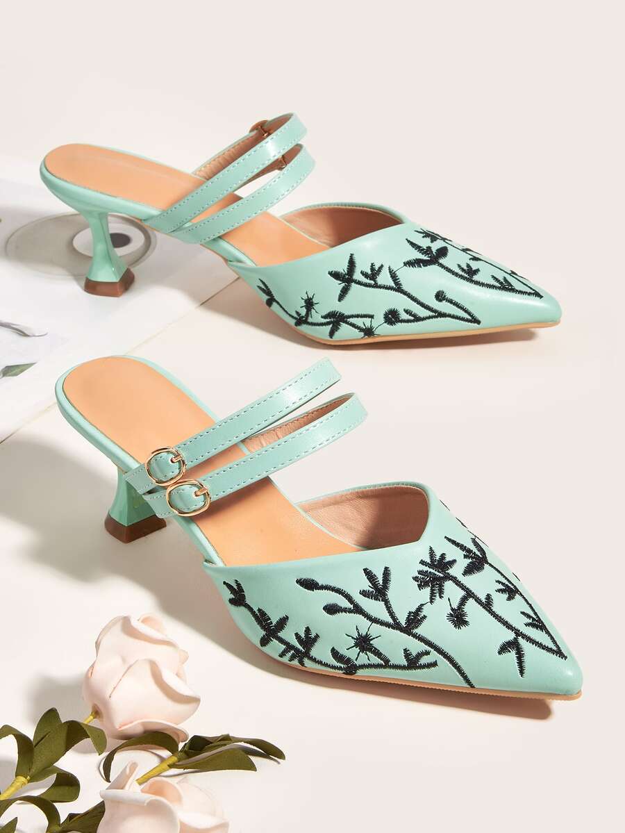 植物刺繡尖頭帶跟穆勒鞋 - 綠色 - 查看 1