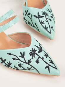 植物刺繡尖頭帶跟穆勒鞋 - 綠色 - 查看 3