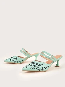 植物刺繡尖頭帶跟穆勒鞋 - 綠色 - 查看 5