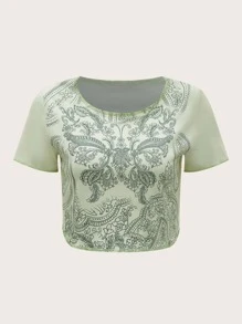 ROMWE 蝴蝶和雛菊圖案短款T恤 - 薄荷綠 - 查看 1