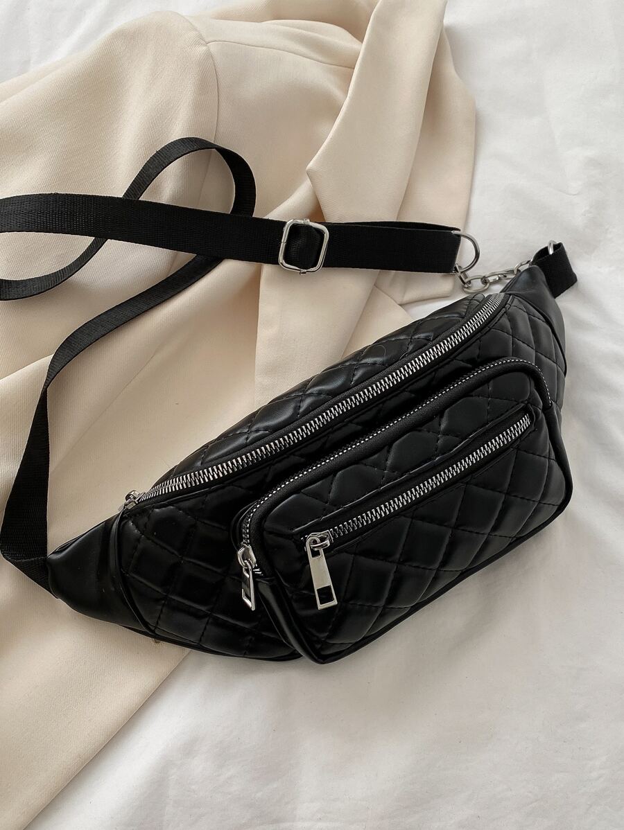 衍縫多拉鍊腰包 - 黑色 - 查看 1