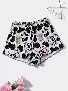 Plus Cow Print Lettuce Trim Sleep Shorts - Black and White - View 1