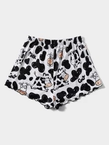 Plus Cow Print Lettuce Trim Sleep Shorts - Black and White - View 2