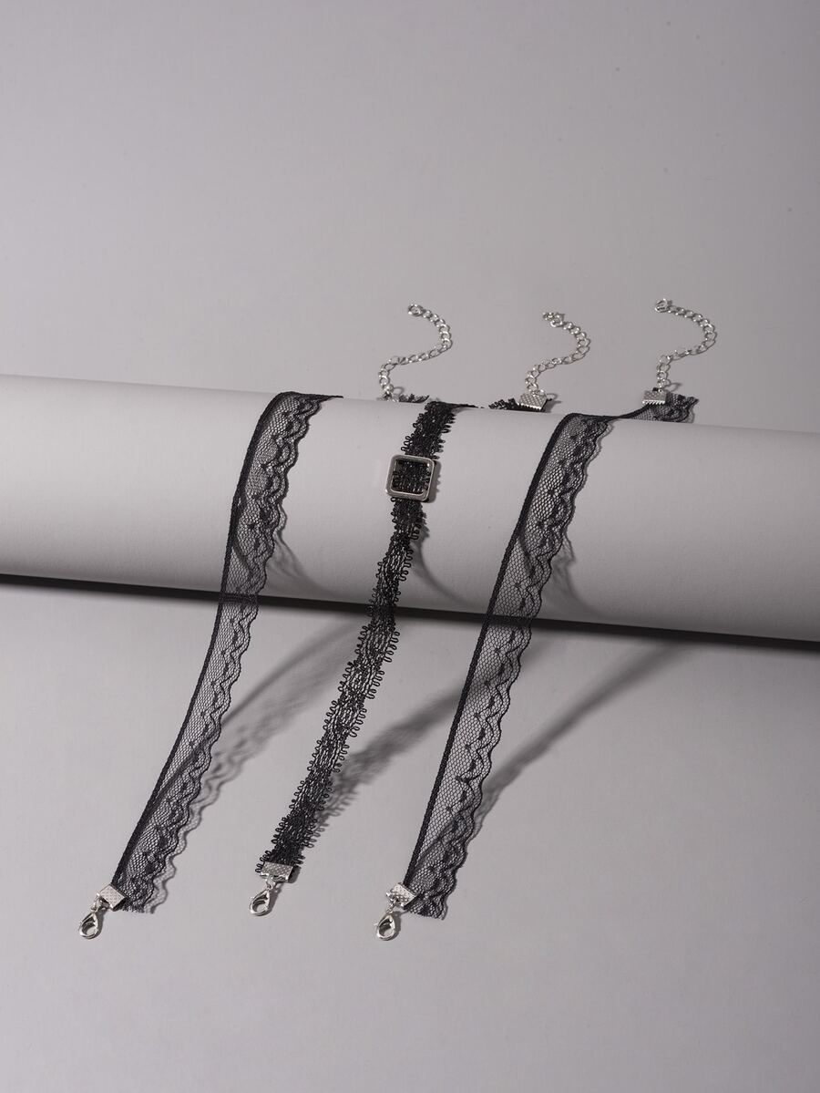 3入組蕾絲頸鏈 - 黑色 - 查看 1