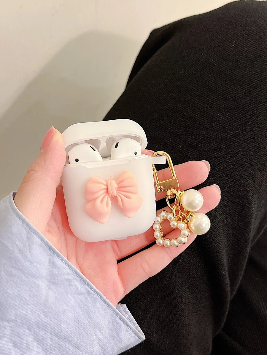 美观纯色简约硅胶耳机盒,带蝴蝶结、心形和珍珠设计,兼容 Apple AirPods - 無色 - 查看 1