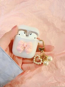 美观纯色简约硅胶耳机盒，带蝴蝶结、心形和珍珠设计，兼容 Apple AirPods - 無色 - 查看 3
