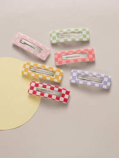 6入組女孩格紋圖案髮夾