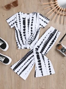 SHEIN Bộ thời trang bé gái Thắt nút Cà vạt nhuộm Boho - Đen và trắng - Xem 1