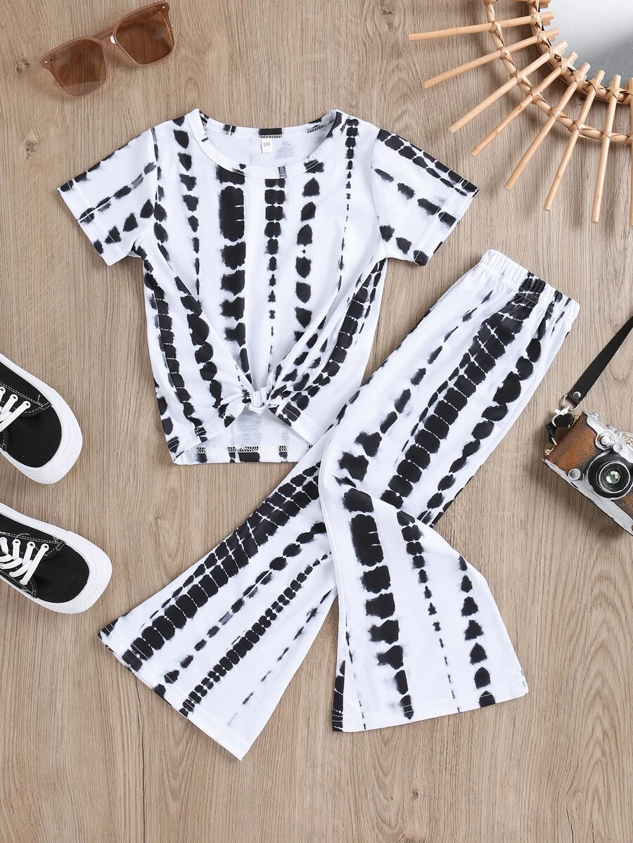 SHEIN Bộ thời trang bé gái Thắt nút Cà vạt nhuộm Boho - Đen và trắng - Xem 1