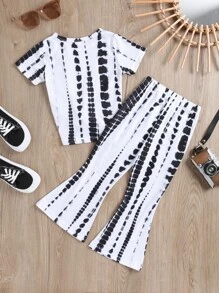 SHEIN Bộ thời trang bé gái Thắt nút Cà vạt nhuộm Boho - Đen và trắng - Xem 2
