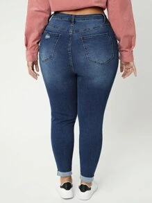 Plus High Waist Bleach Wash Ripped Frayed Skinny Jeans