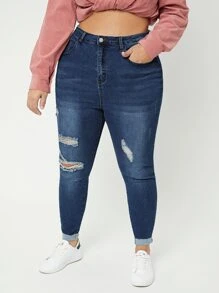 Plus High Waist Bleach Wash Ripped Frayed Skinny Jeans