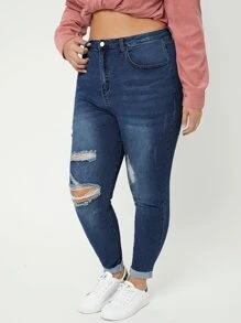 Plus High Waist Bleach Wash Ripped Frayed Skinny Jeans