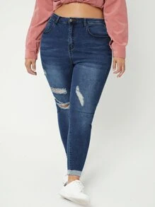 Plus High Waist Bleach Wash Ripped Frayed Skinny Jeans