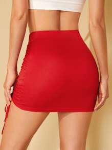 SHEIN BAE Falda ajustada de talle alto con cordón - Rojo - Ver 2