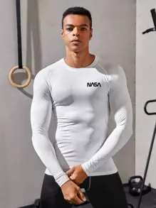 Manfinity Sport Corelite Boyfriend Style Men Letter Graphic Sports Tee Workout Tops Long Sleeve Shirt Fitted Shirt Fall Crew Neck - White - View 3