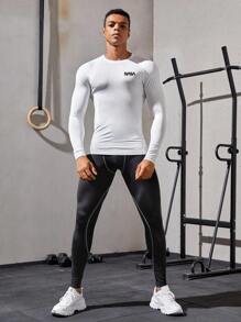 Manfinity Sport Corelite Boyfriend Style Men Letter Graphic Sports Tee Workout Tops Long Sleeve Shirt Fitted Shirt Fall Crew Neck - White - View 4