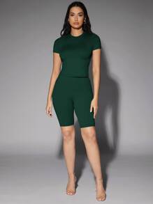 SHEIN BAE High Waist Cycling Shorts - Dark Green - View 3