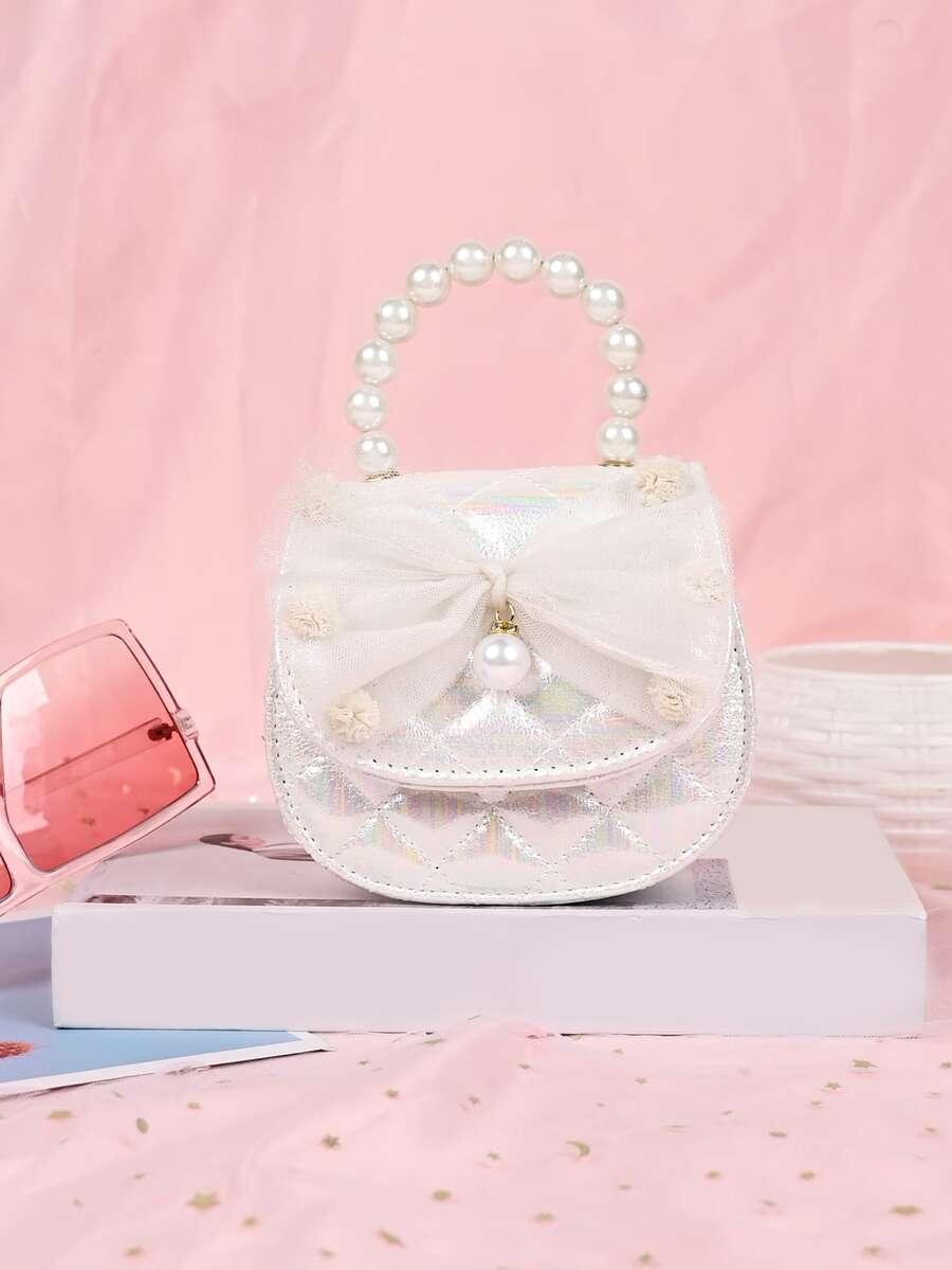 Girls Metallic Quilted Bow & Faux Pearl Decor Saddle Bag