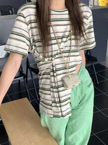 Striped Shoulder Pad Asymmetrical Hem Tee - Multicolor - View 1