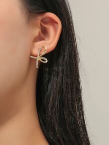 Rhinestone Bow Decor Stud Earrings - Yellow Gold - View 1