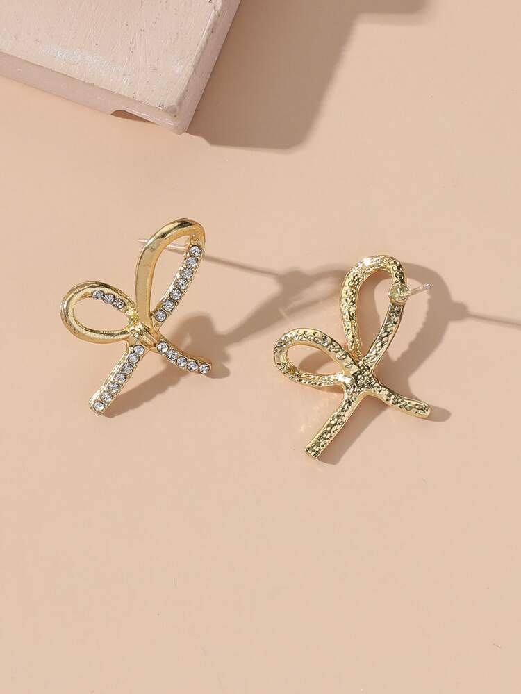 Hoa tai đinh tán trang trí rhinestone Bow - Vàng - Xem 2