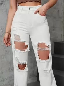 SHEIN EZwear Jeansy z wysokim stanem z przetarciami